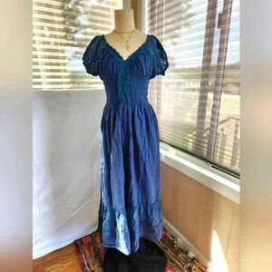 Anna Kaci Boho ladies stretch waist long lace trim dress size L